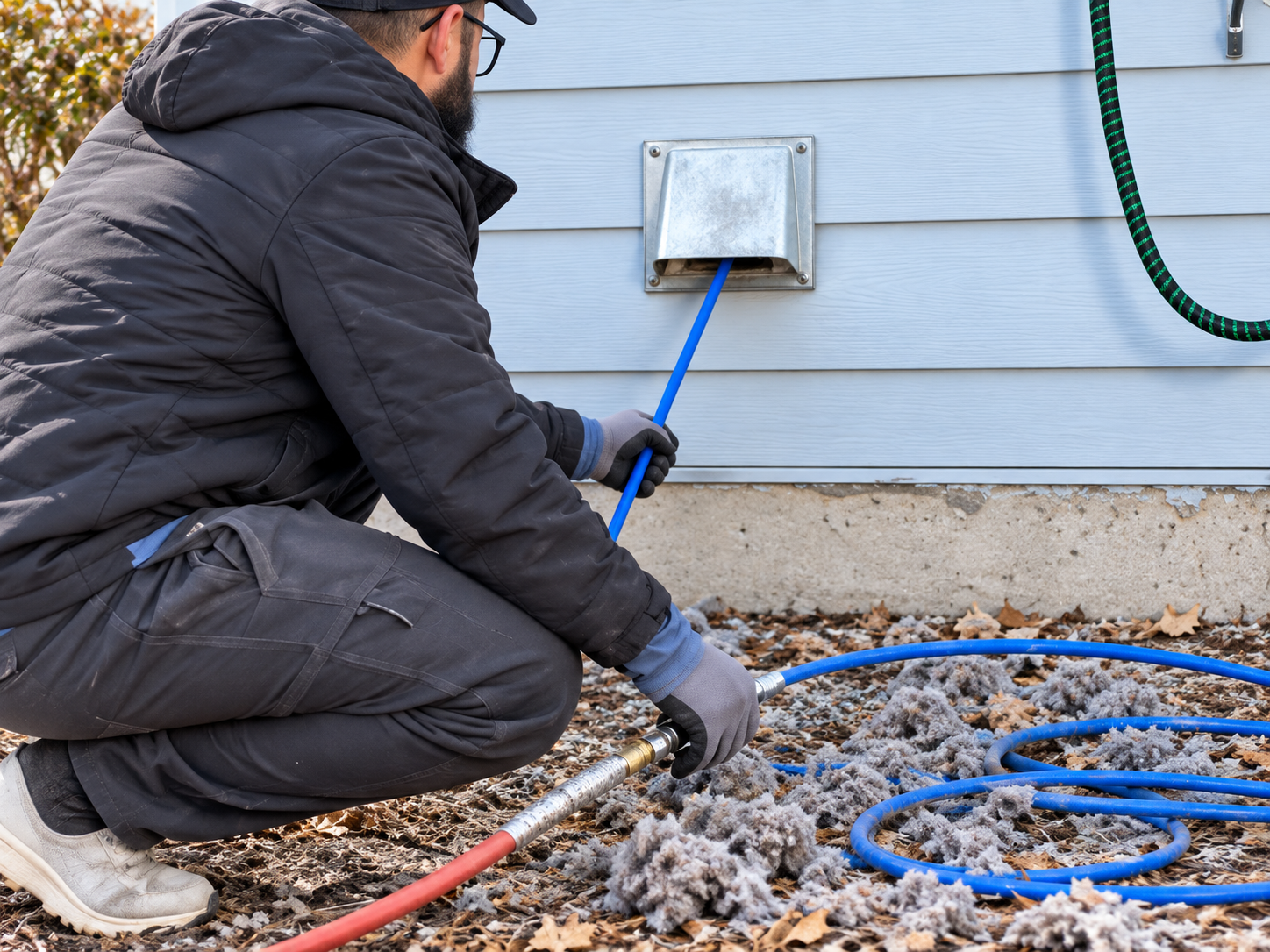 Technician cleaning an exterior dryer vent